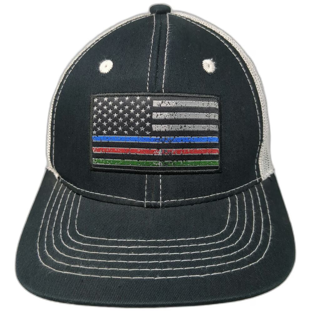 Justin Trucker Hat Black One Size Thin Blue Red Green Line Flag Mesh Snapback